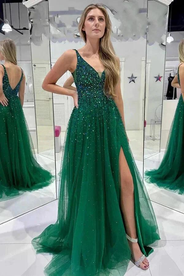 A-line Dark Green V Neck Sequined Tulle Prom Dresses PSK486 by pgmdress