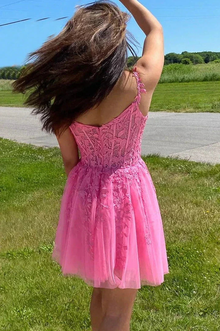 A-line Hot Pink Lace Appliques Party Dress Homecoming Dress PD460 by pgmdress