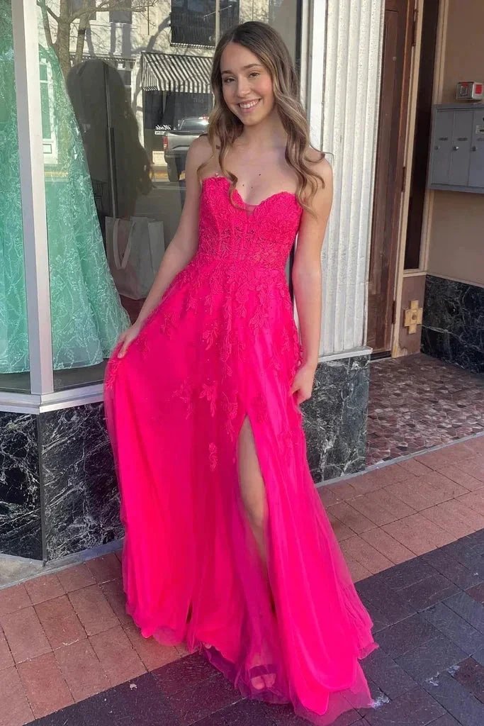 A-line Hot Pink Strapless Floral Appliques Long Prom Dress PSK495 by pgmdress