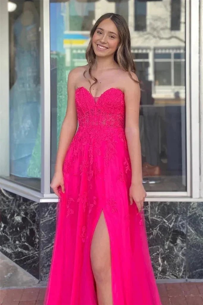 A-line Hot Pink Strapless Floral Appliques Long Prom Dress PSK495 by pgmdress