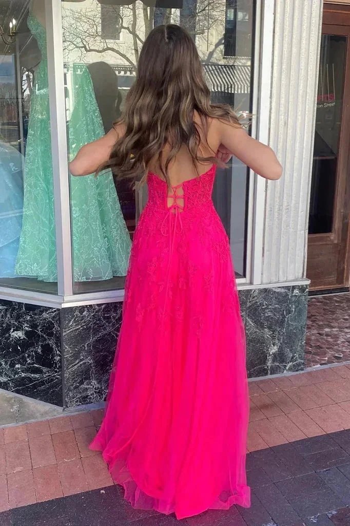 A-line Hot Pink Strapless Floral Appliques Long Prom Dress PSK495 by pgmdress