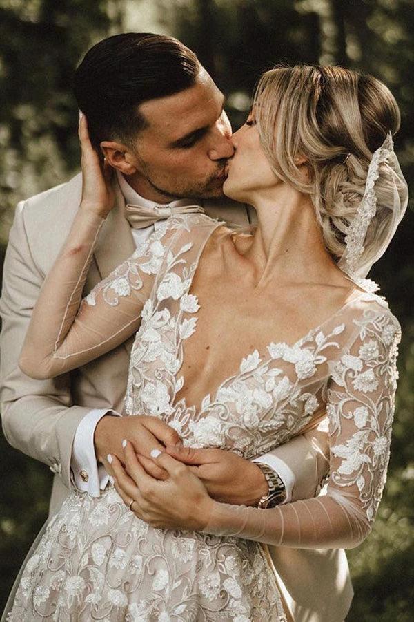 A-line Long Sleeves Wedding Dresses Lace V Neckline Bridal Gowns WD584 by pgmdress