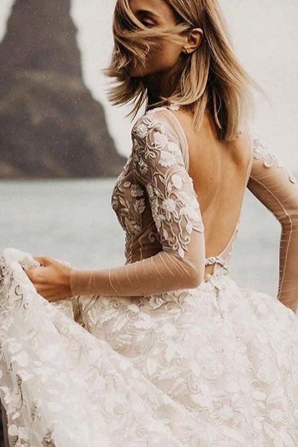 A-line Long Sleeves Wedding Dresses Lace V Neckline Bridal Gowns WD584 by pgmdress