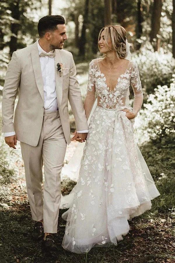 A-line Long Sleeves Wedding Dresses Lace V Neckline Bridal Gowns WD584 by pgmdress