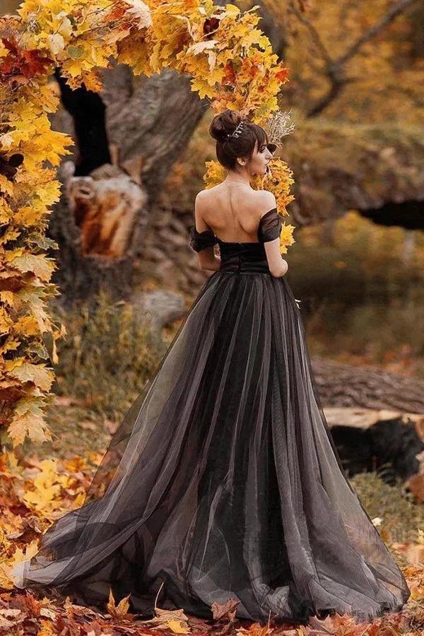 A-line Off Shoulder Simple Black Forest Wedding Dresses WD690 by pgmdress