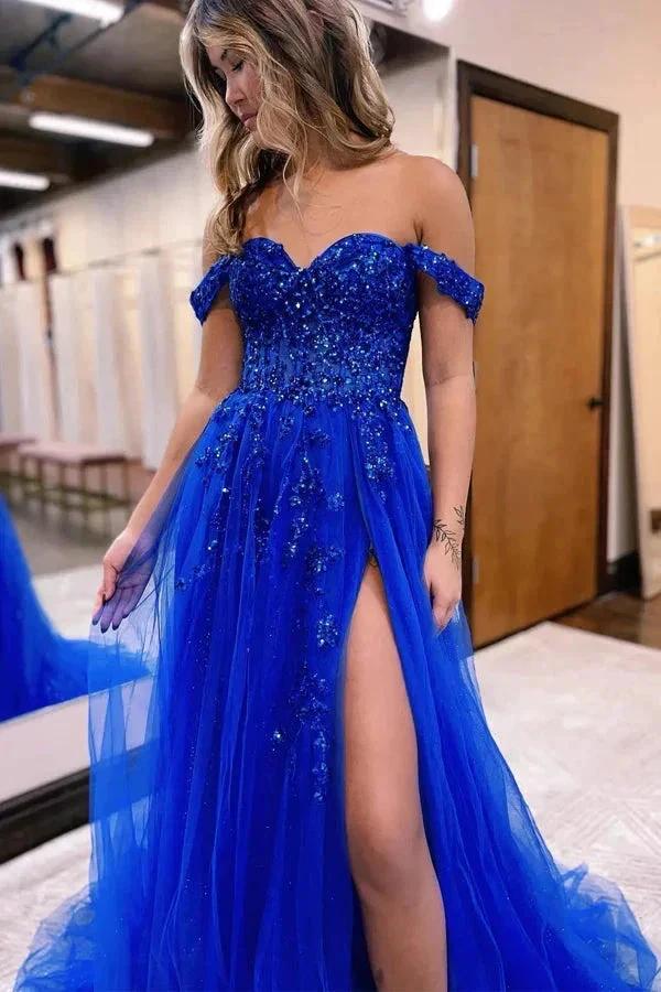 A-line Off The Shoulder Prom Dress Formal Gown With Appliques PSK519 by pgmdress
