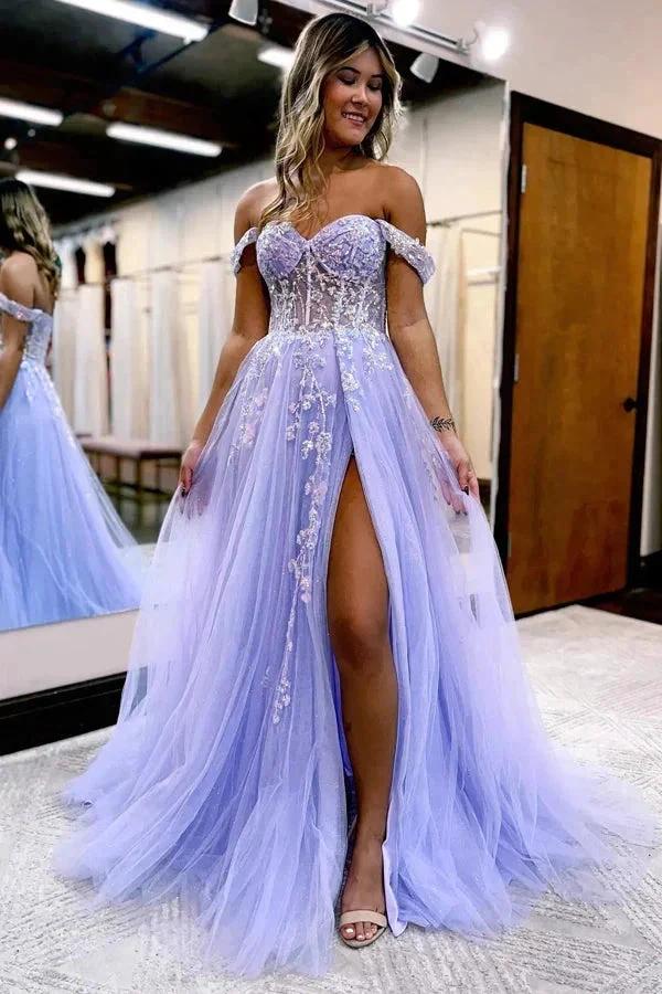 A-line Off The Shoulder Prom Dress Formal Gown With Appliques PSK519 by pgmdress
