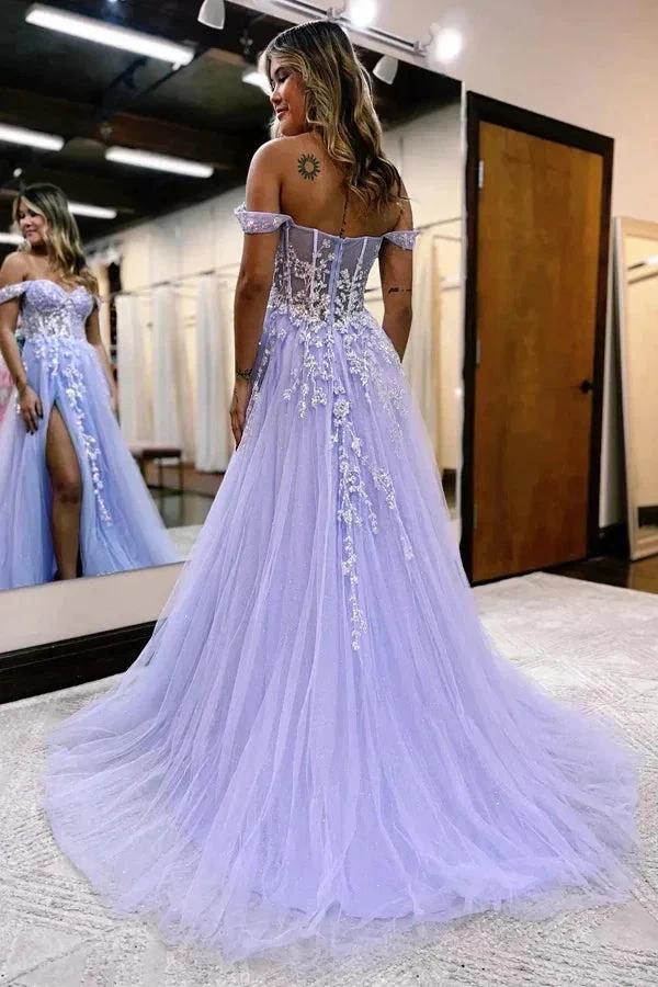 A-line Off The Shoulder Prom Dress Formal Gown With Appliques PSK519 by pgmdress