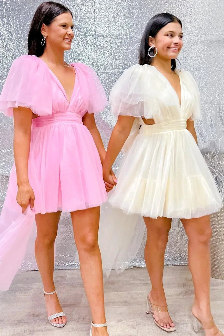 Plunging V Neck Tulle Homecoming Dress SYH109 by vivymakudress