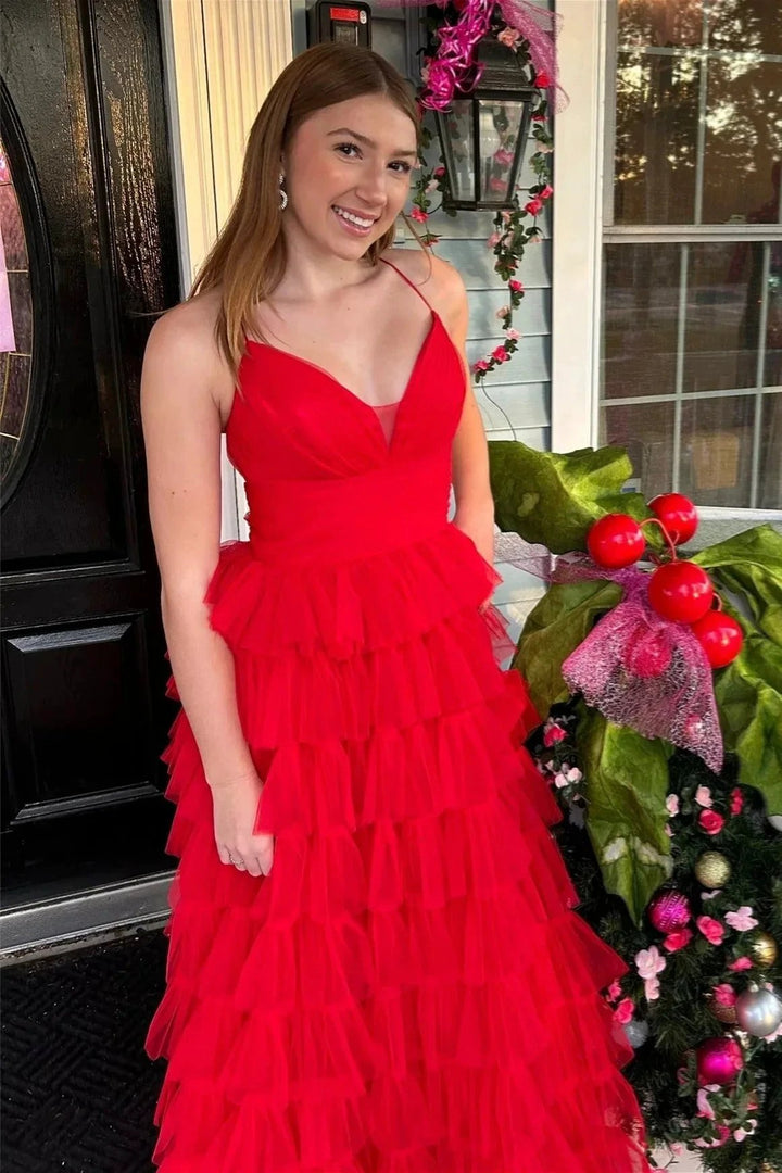 A-line Red Layers Plunging V Neck Long Prom Dress PSK487 by pgmdress