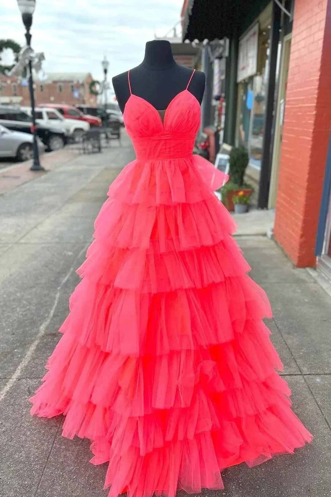 A-line Red Layers Plunging V Neck Long Prom Dress PSK487 by pgmdress
