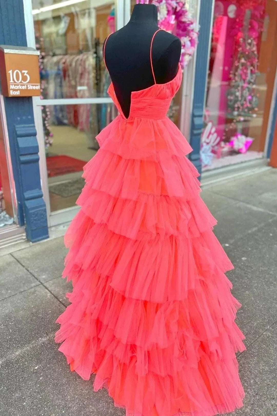 A-line Red Layers Plunging V Neck Long Prom Dress PSK487 by pgmdress