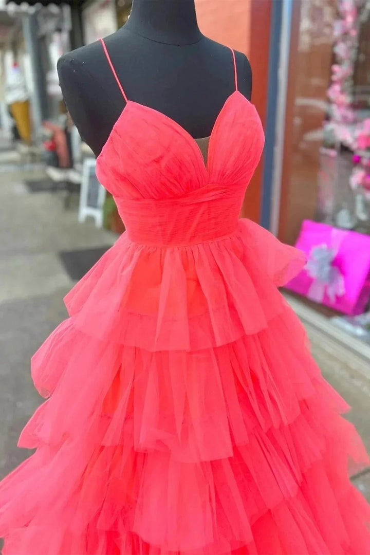 A-line Red Layers Plunging V Neck Long Prom Dress PSK487 by pgmdress