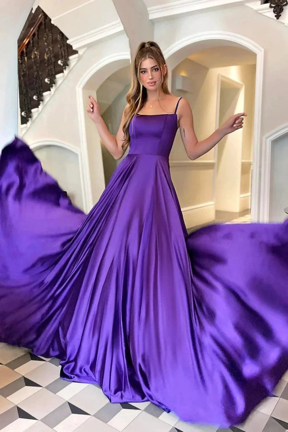 A-line Satin Scoop Neck Long Prom Dress Straps Formal Dress PSK356 by pgmdress