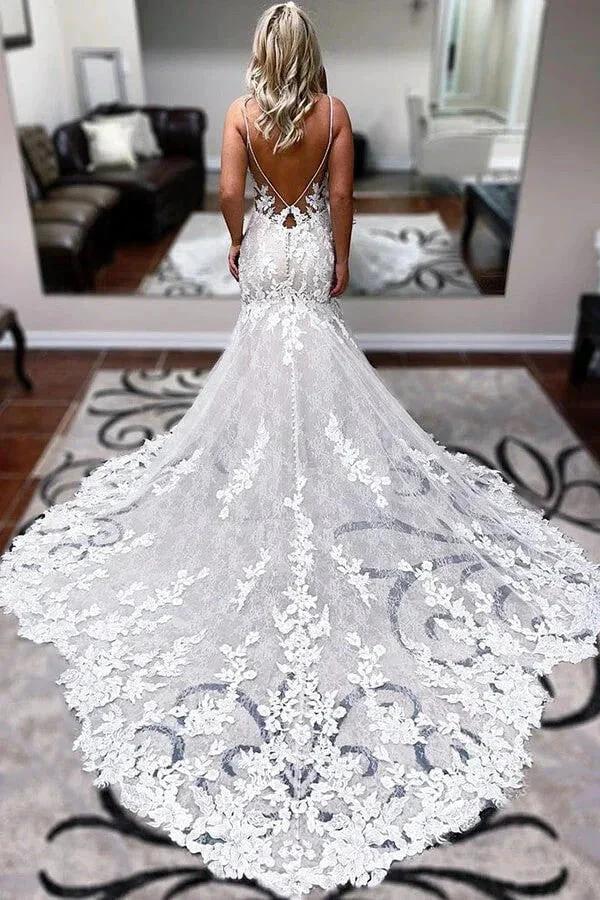 A-line Spaghetti Straps Mermaid Wedding Dress With Lace Appliques WD693 by pgmdress