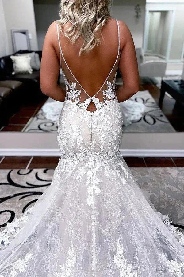 A-line Spaghetti Straps Mermaid Wedding Dress With Lace Appliques WD693 by pgmdress