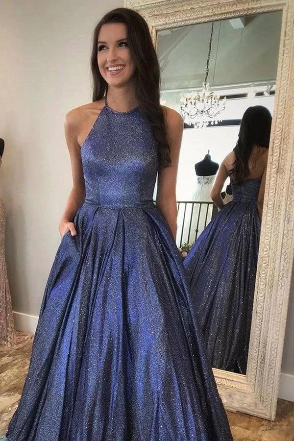 A-line Sparkly Halter Neck Long Prom Dresses Cute Formal Dress PSK371 by pgmdress