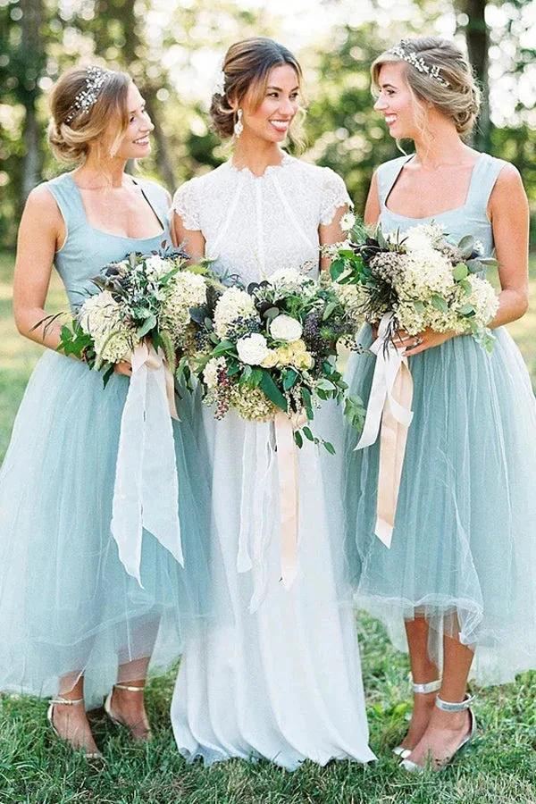 A-line Square High Low Tulle Beaded Simple Bridesmaid Dresses BD111 by pgmdress