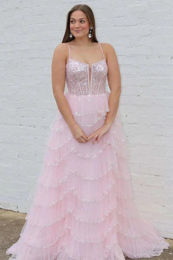 A-line Straps Plunging Neck Pink Sequin Lace Prom Dresses PSK484 by pgmdress