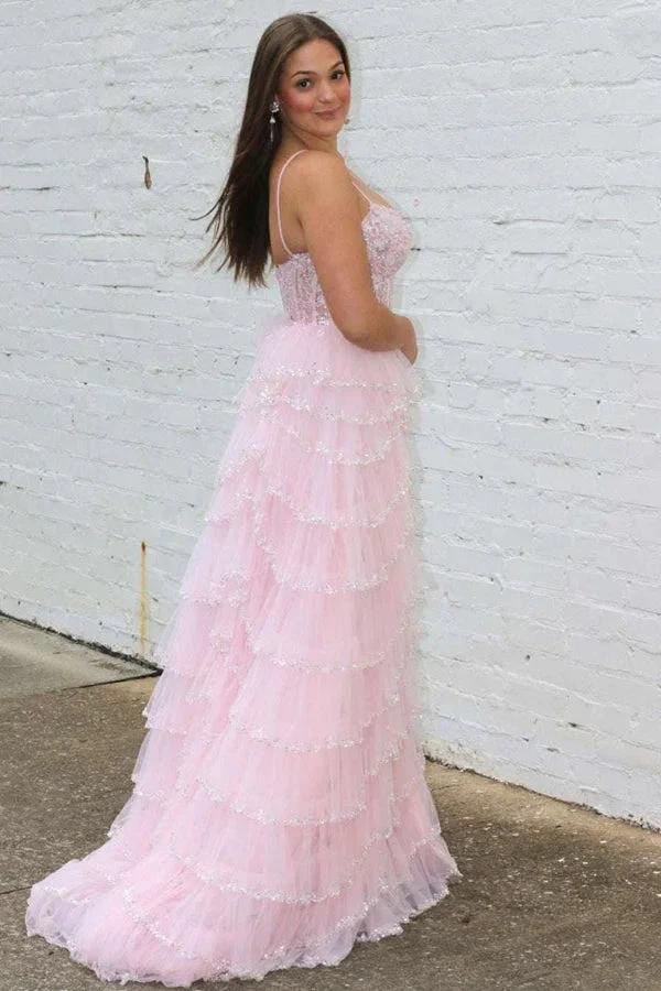 A-line Straps Plunging Neck Pink Sequin Lace Prom Dresses PSK484 by pgmdress