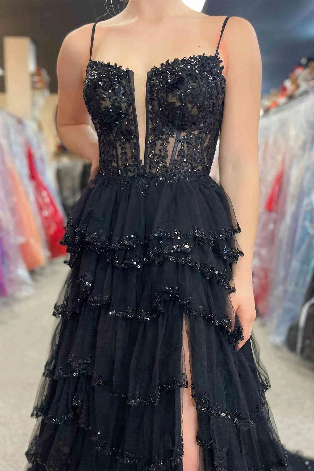 A-line Straps Plunging Neck Pink Sequin Lace Prom Dresses PSK484 by pgmdress