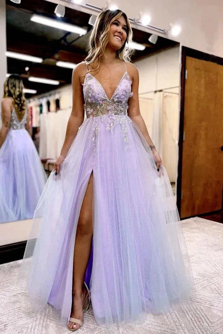A-line V-Neck Spaghetti Straps Slit Tulle Prom Dress PSK523 by pgmdress