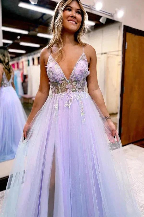 A-line V-Neck Spaghetti Straps Slit Tulle Prom Dress PSK523 by pgmdress