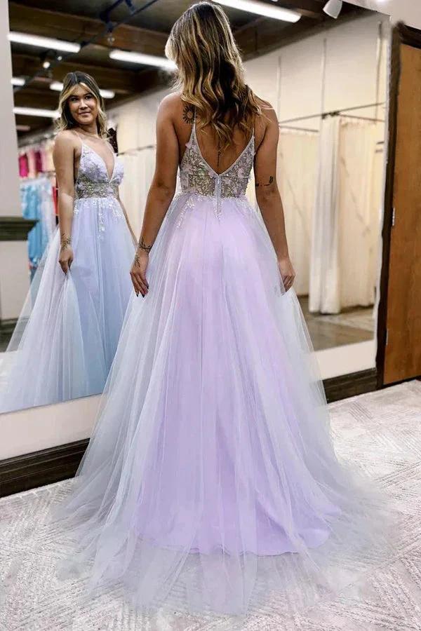 A-line V-Neck Spaghetti Straps Slit Tulle Prom Dress PSK523 by pgmdress