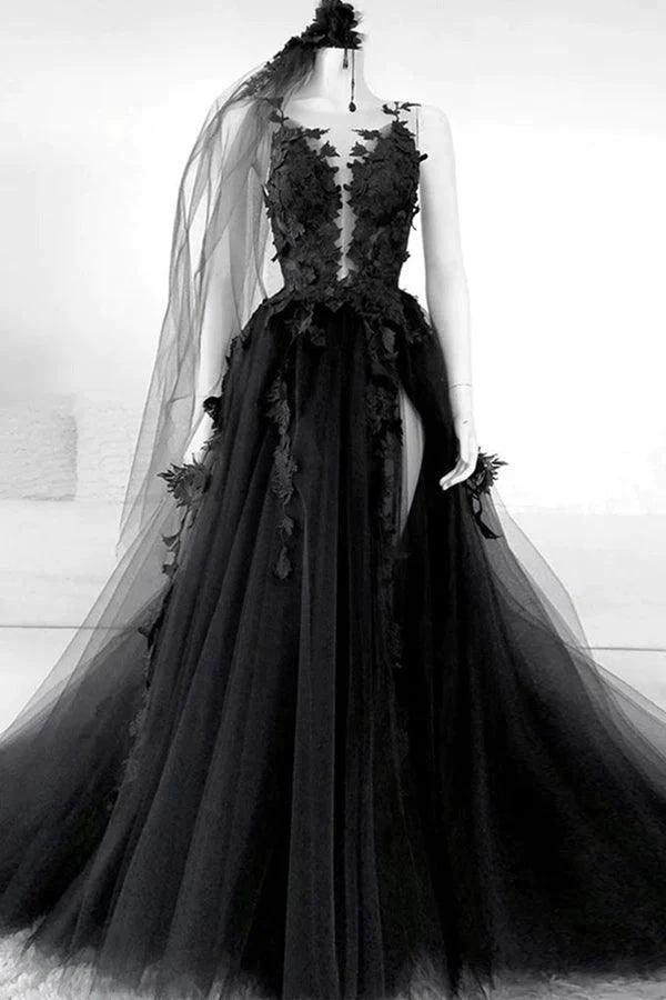 A-line V Neck Black Long Prom Dress Floral Evening Dress PSK431 by pgmdress
