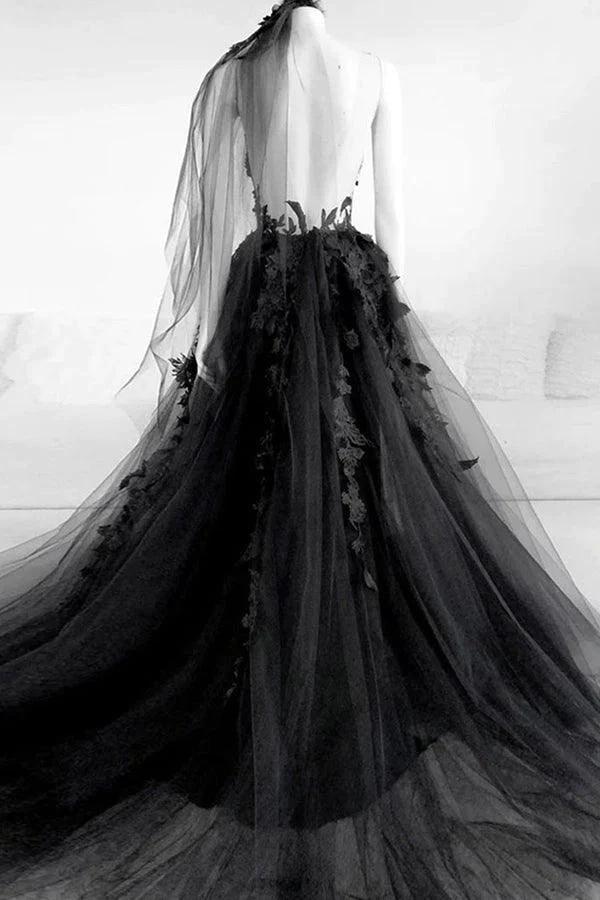 A-line V Neck Black Long Prom Dress Floral Evening Dress PSK431 by pgmdress