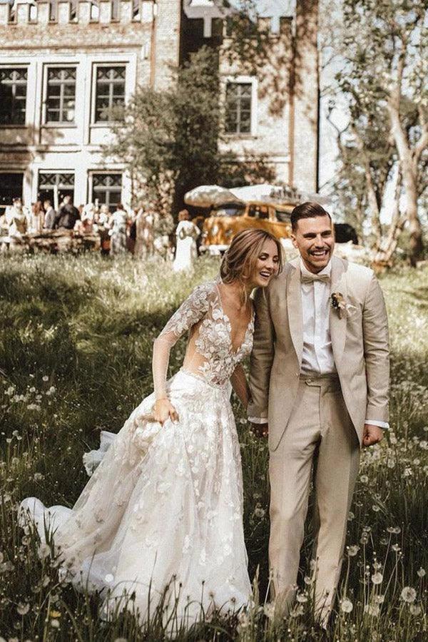 A-line Long Sleeves Wedding Dresses Lace V Neckline Bridal Gowns WD584 by pgmdress
