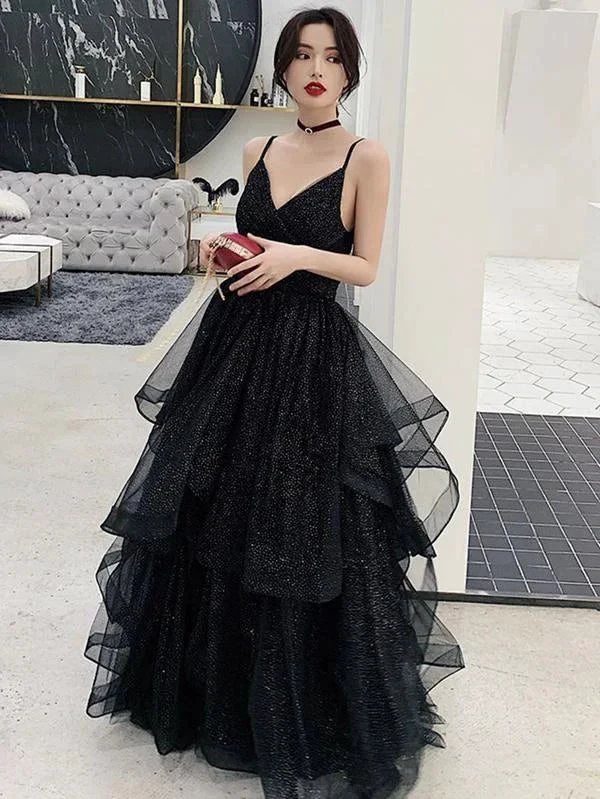 Shiny Black V Neck Prom Dresses, Backless Black V Neck Formal Evening Dress Y1767 by simplepromdress