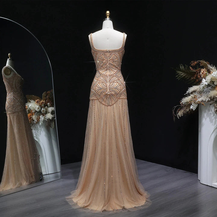 Champagne Beaded Mermaid Evening Dress Luxury Saudi Wedding Gown Customized by ZAPDRESS
