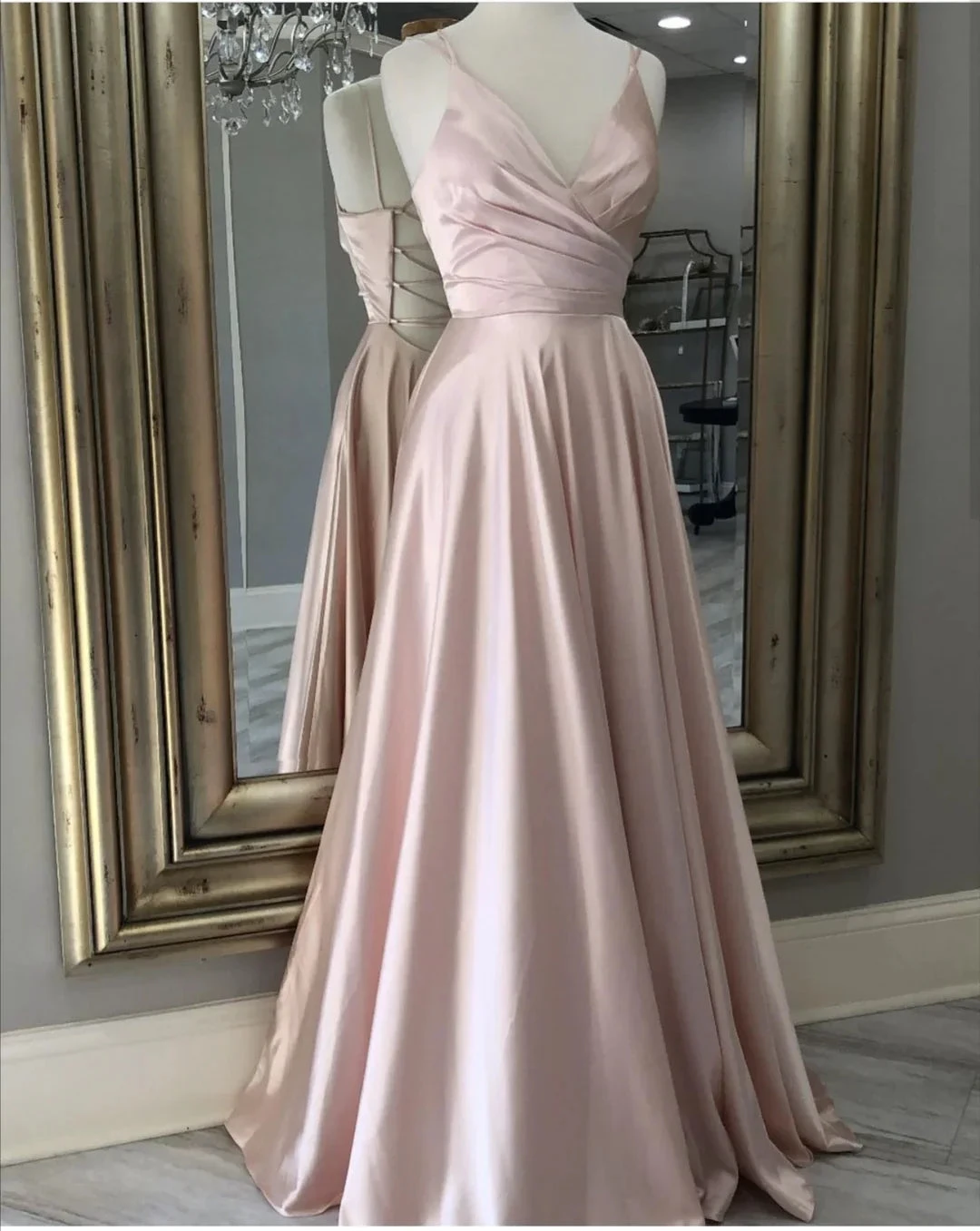 Pink V Neck Prom Dress Long Evening Dress with Tie Back Y848 by simplepromdress
