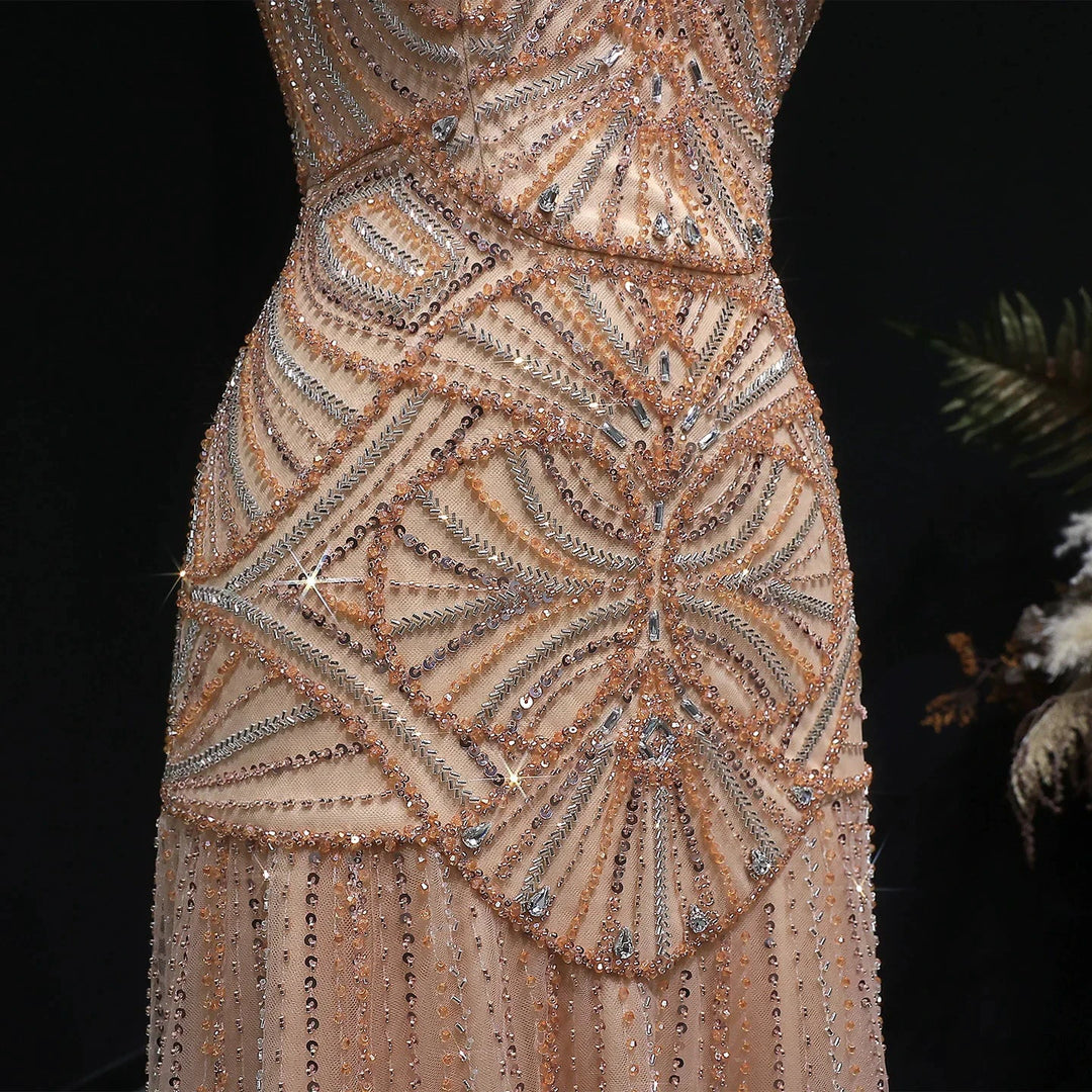 Champagne Beaded Mermaid Evening Dress Luxury Saudi Wedding Gown Customized by ZAPDRESS