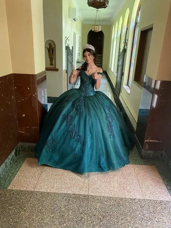 Green Off The Shoulder Ball Gown Quinceanera Dress Y6085 by simplepromdress