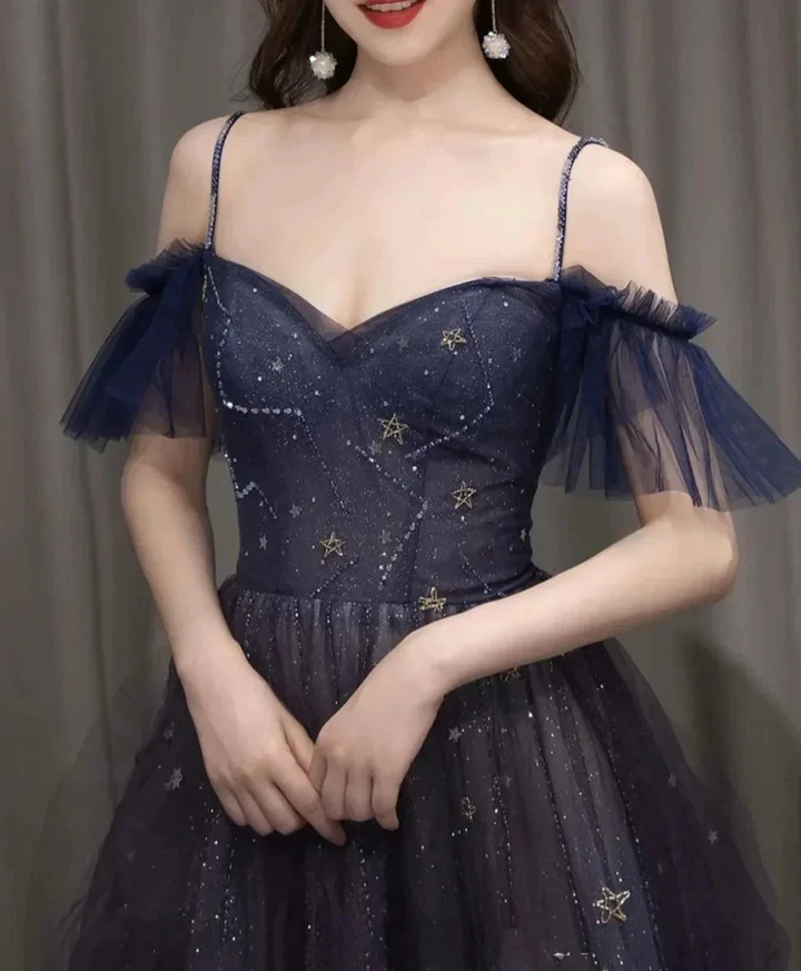 Dark starry sky purple tulle long prom dress A-line evening dress Y924 by simplepromdress