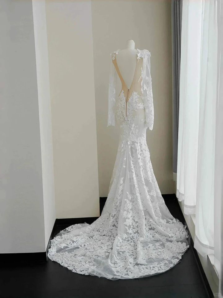 Elegant White Lace Appliques Mermaid Evening Dress,Backless Prom Dress Wedding Dress Y8677 by simplepromdress