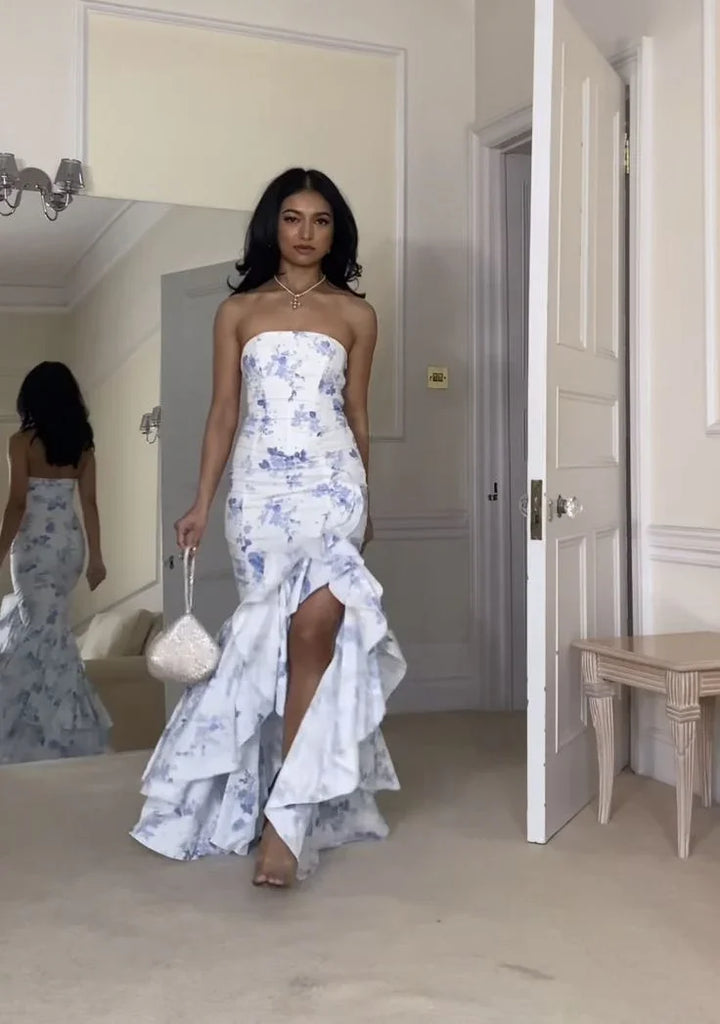 Pretty Strapless Mermaid Evening Dress SAtin Print Floral Ruffless Party Prom Dress Y7998 by simplepromdress