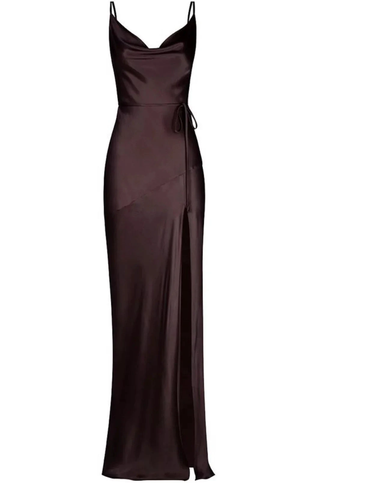 Satin brown slip dress with spaghetti straps and side tie, ZAPDRESS formal wear