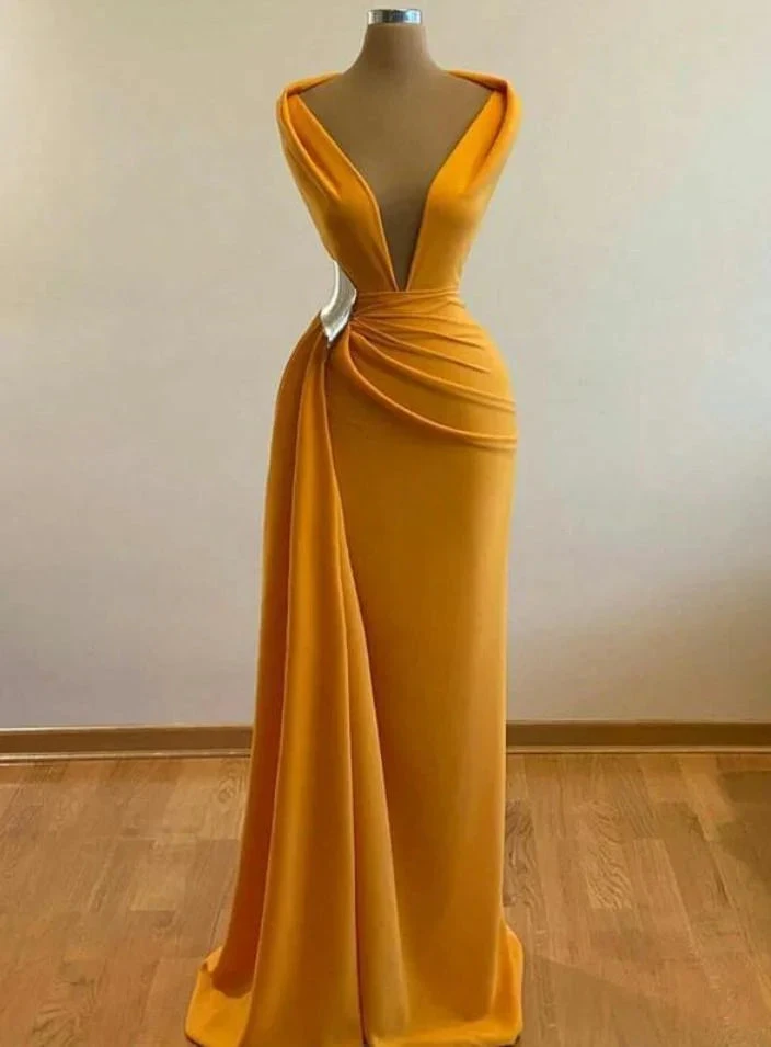 Yellow Mermaid Prom Dresses Deep V Neck Sexy Evening Dress Cocktail Party Sweep Train Formal Occasion Wear Y4931 by simplepromdress