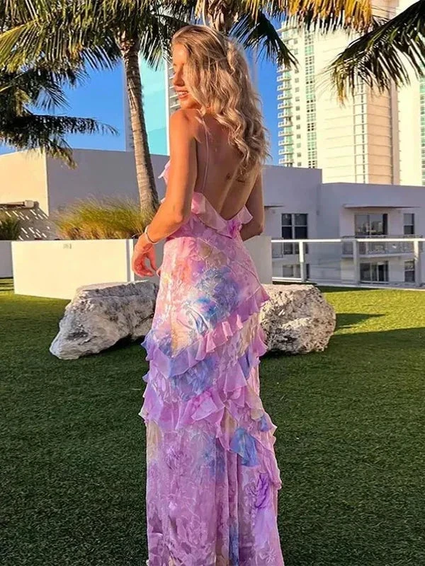 Romantic Spaghetti Straps V Neck Chiffon Print Prom Dress,Charming Evening Dress Y2306 by simplepromdress