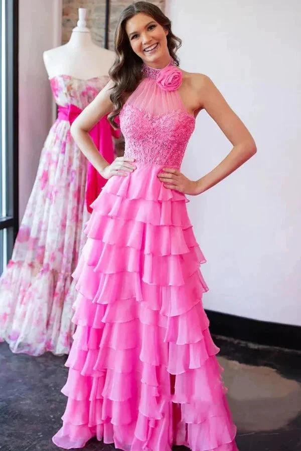 A Line Halter Neck Beaded Lace Long Pink Prom Dresses PSK560 by pgmdress