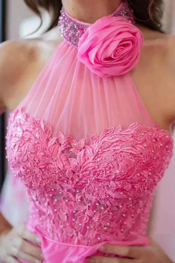 A Line Halter Neck Beaded Lace Long Pink Prom Dresses PSK560 by pgmdress
