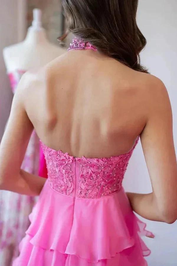 A Line Halter Neck Beaded Lace Long Pink Prom Dresses PSK560 by pgmdress