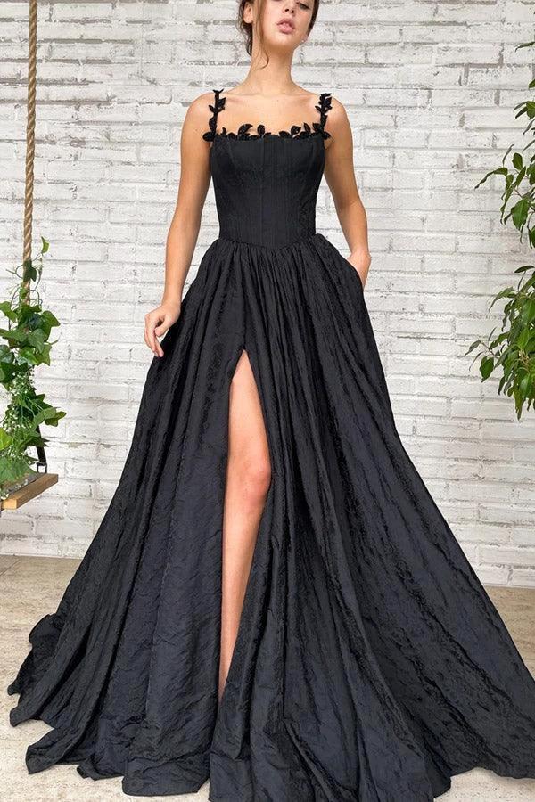 A Line Taffeta Split Black Long Prom Dress With Pockets PSK368 by pgmdress