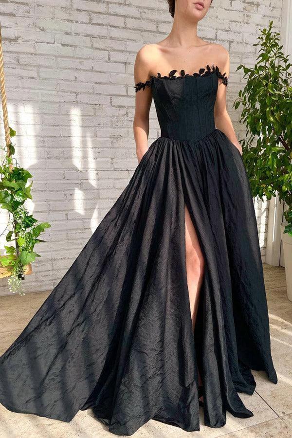 A Line Taffeta Split Black Long Prom Dress With Pockets PSK368 by pgmdress