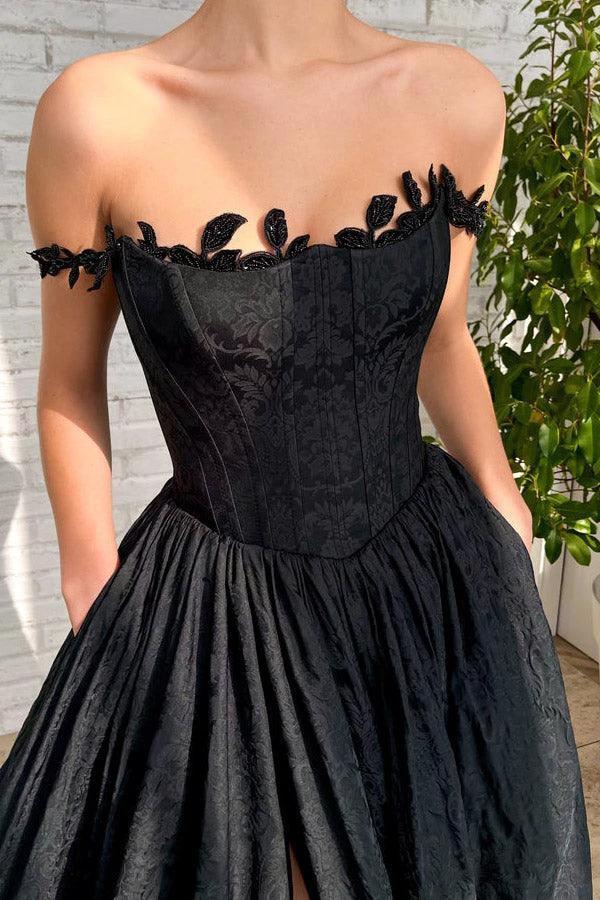 A Line Taffeta Split Black Long Prom Dress With Pockets PSK368 by pgmdress
