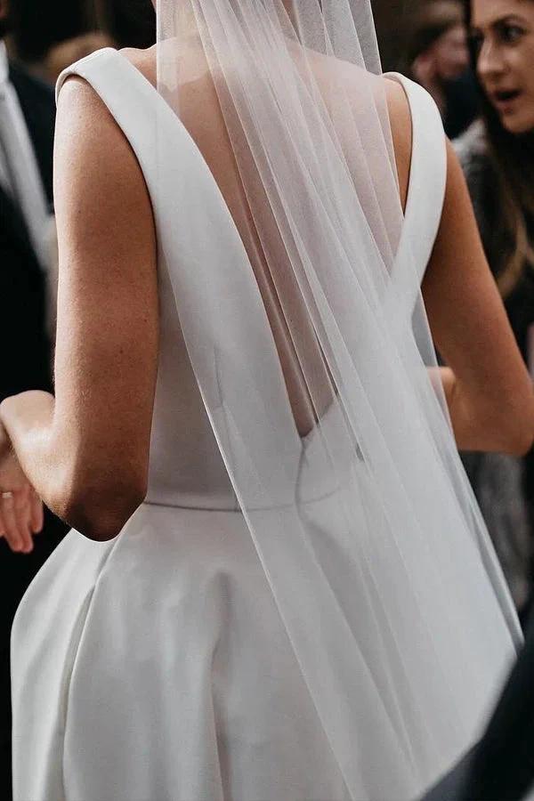 A Line Deep V Neck Open Back White Long Wedding Dresses Bridal Gown WD641 by pgmdress