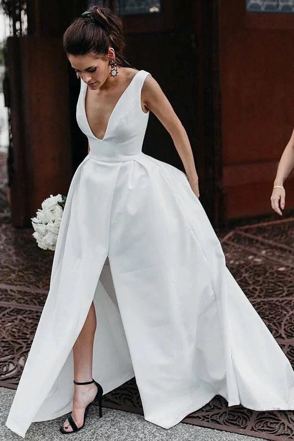 A Line Deep V Neck Open Back White Long Wedding Dresses Bridal Gown WD641 by pgmdress
